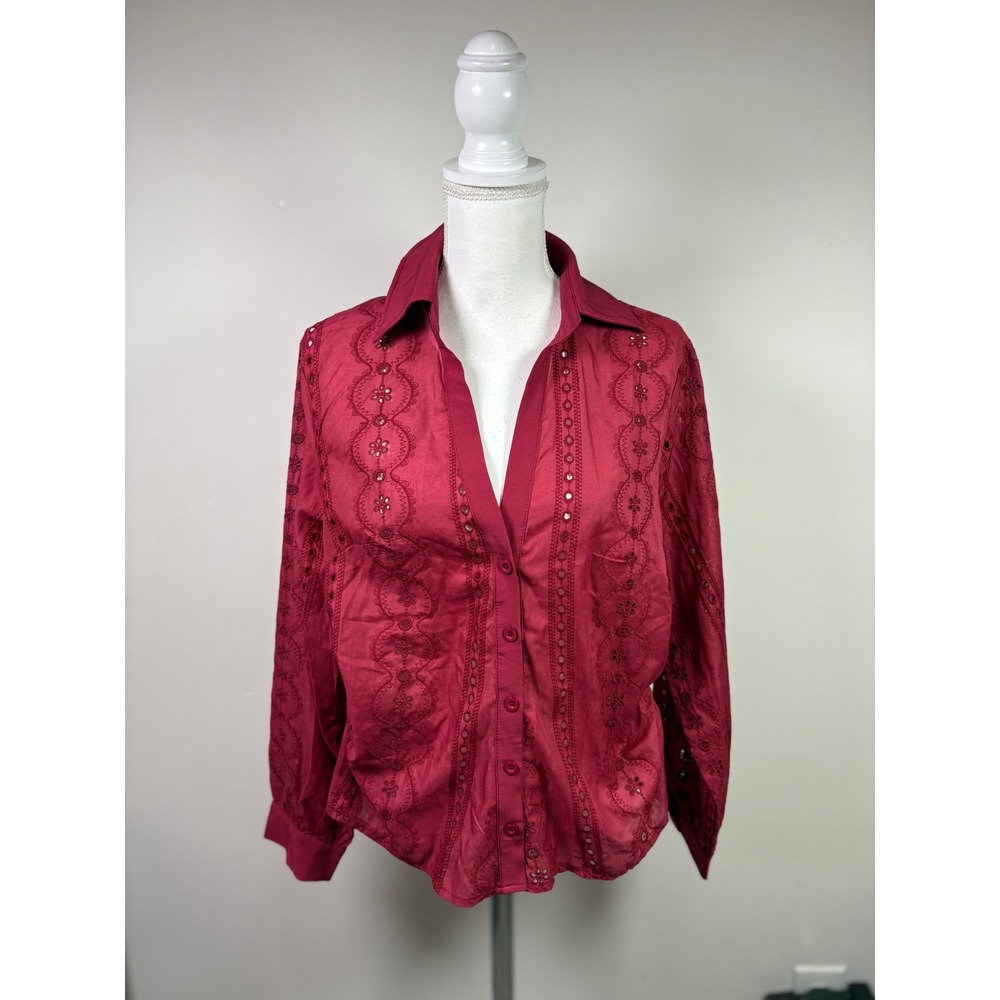SHEIN Curve 0XL Dark Red Eyelet Embroidered Button Up Long Sleeve Boho Blouse
